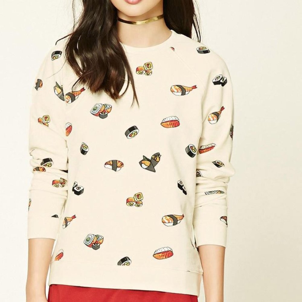 Forever 21 White Sushi Print Pullover Sweater